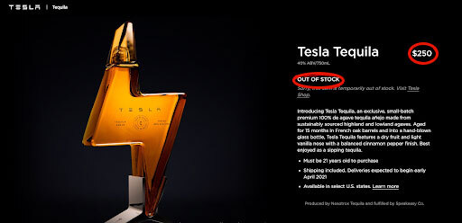Tesla website showing Tesla Tequila as being out of stock