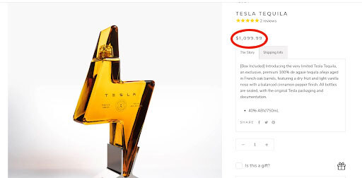Screen shot of a webpage selling Tesla Tequila for $1,099.99. The price is circled in the screenshot