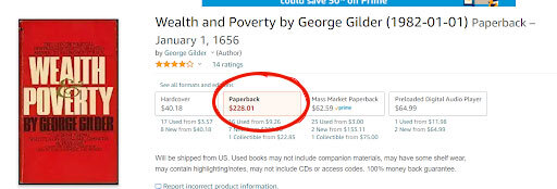 Amazon screenshot for Wealth and Poverty by George Gilder. Paperback price is circled at $228.01