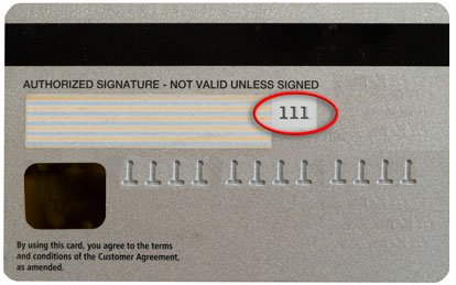 CVV example location: back of the card, three digits, next to signature field